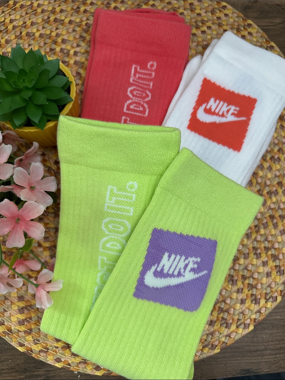 Nike Crew Athletic Socks in Lime, Coral & White - 3 Pack